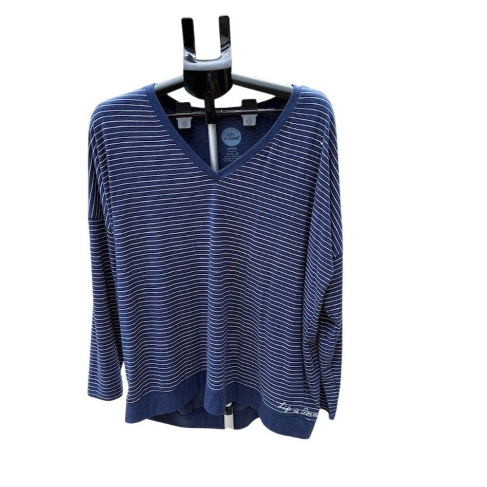 Life is Good T-Shirt Womens XL Blue White Striped V-Neck Long Sleeve